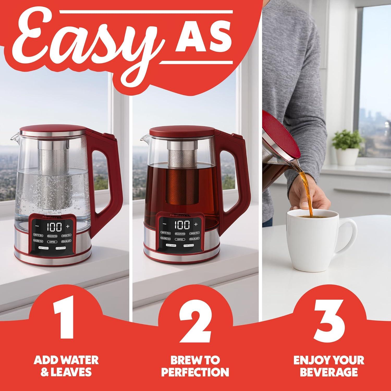 image:imageGourmia Electric Programmable Glass Kettle 17L Temperature Control Tea amp Coffee Kettle with Digital Touch Display 6 Presets Keep Warm Removable Stainless Steel Infuser 360 Swivel Base BlackRed