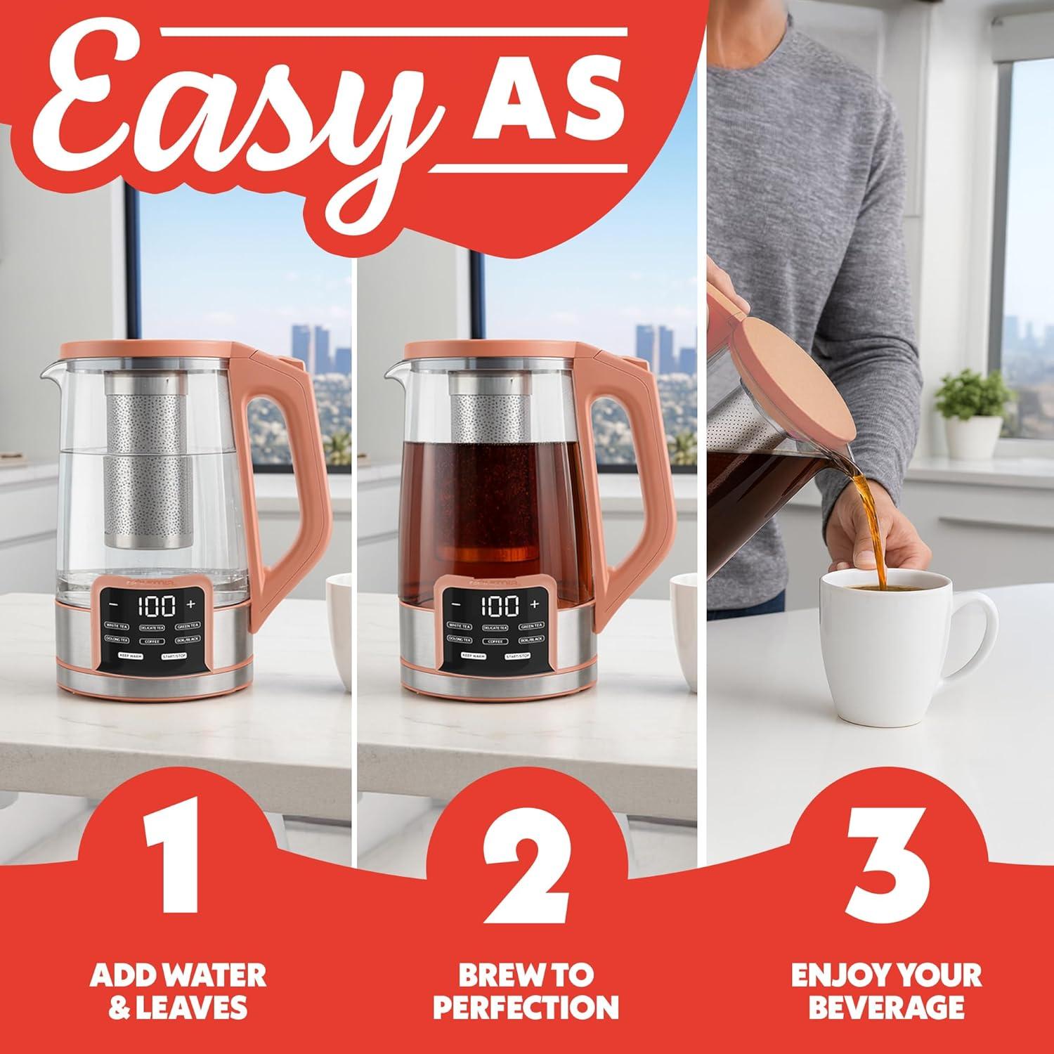 image:imageGourmia Electric Programmable Glass Kettle 17L Temperature Control Tea amp Coffee Kettle with Digital Touch Display 6 Presets Keep Warm Removable Stainless Steel Infuser 360 Swivel Base BlackPeach