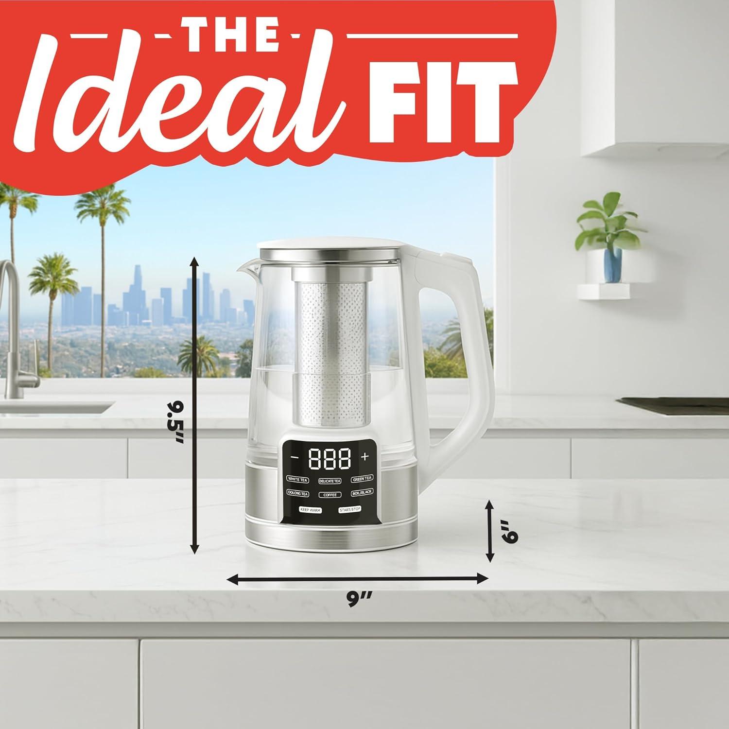 image:imageGourmia Electric Programmable Glass Kettle 17L Temperature Control Tea amp Coffee Kettle with Digital Touch Display 6 Presets Keep Warm Removable Stainless Steel Infuser 360 Swivel Base BlackWhite