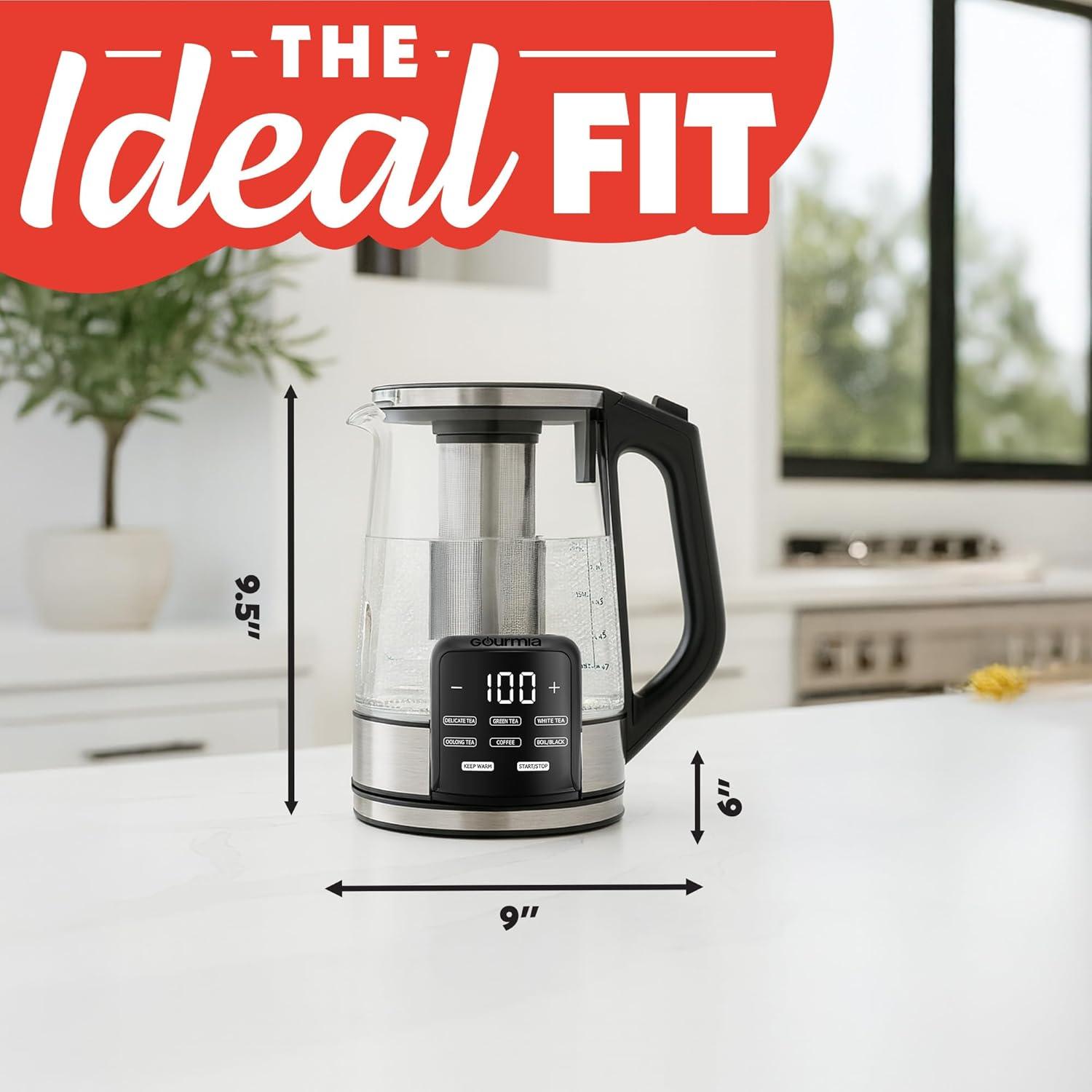 image:imageGourmia Electric Programmable Glass Kettle 17L Temperature Control Tea amp Coffee Kettle with Digital Touch Display 6 Presets Keep Warm Removable Stainless Steel Infuser 360 Swivel Base BlackBlack