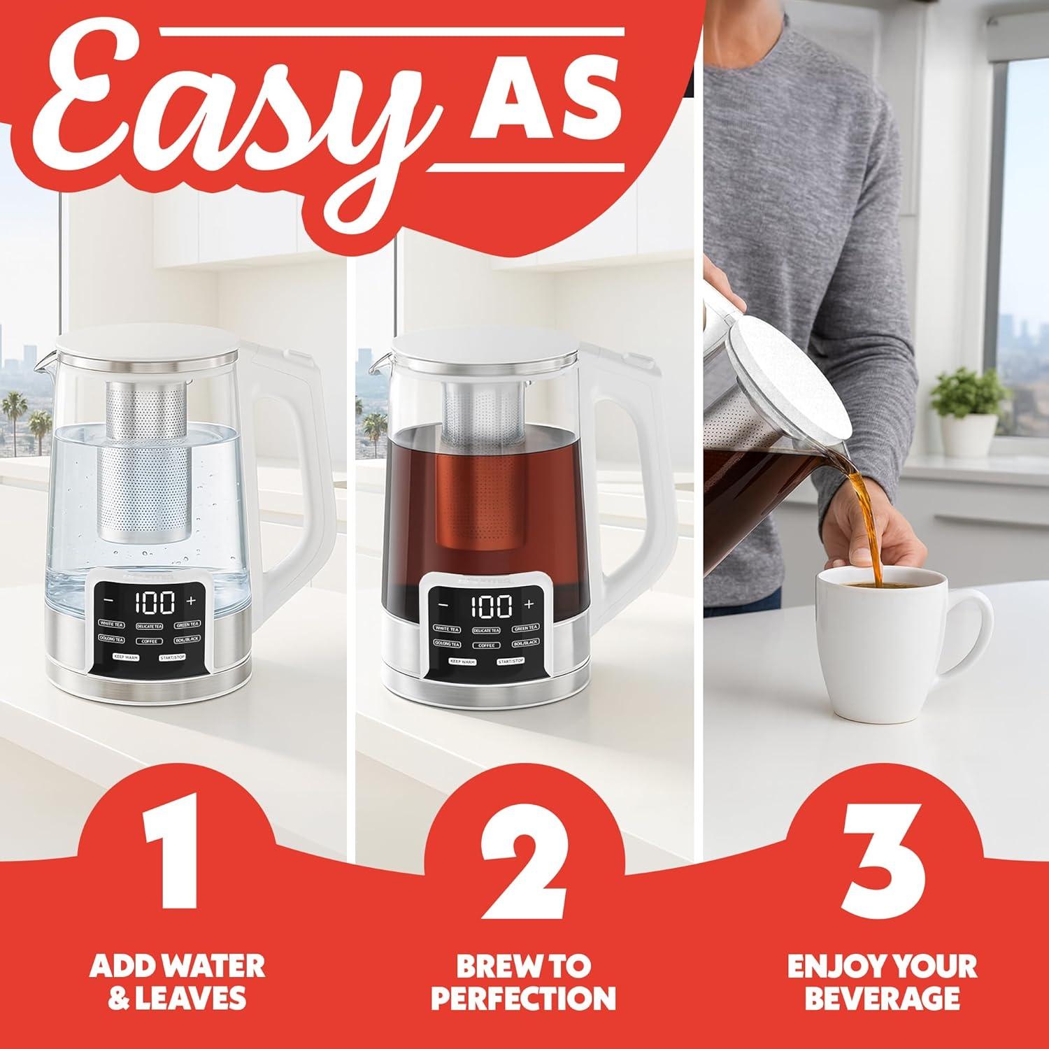 image:imageGourmia Electric Programmable Glass Kettle 17L Temperature Control Tea amp Coffee Kettle with Digital Touch Display 6 Presets Keep Warm Removable Stainless Steel Infuser 360 Swivel Base BlackWhite