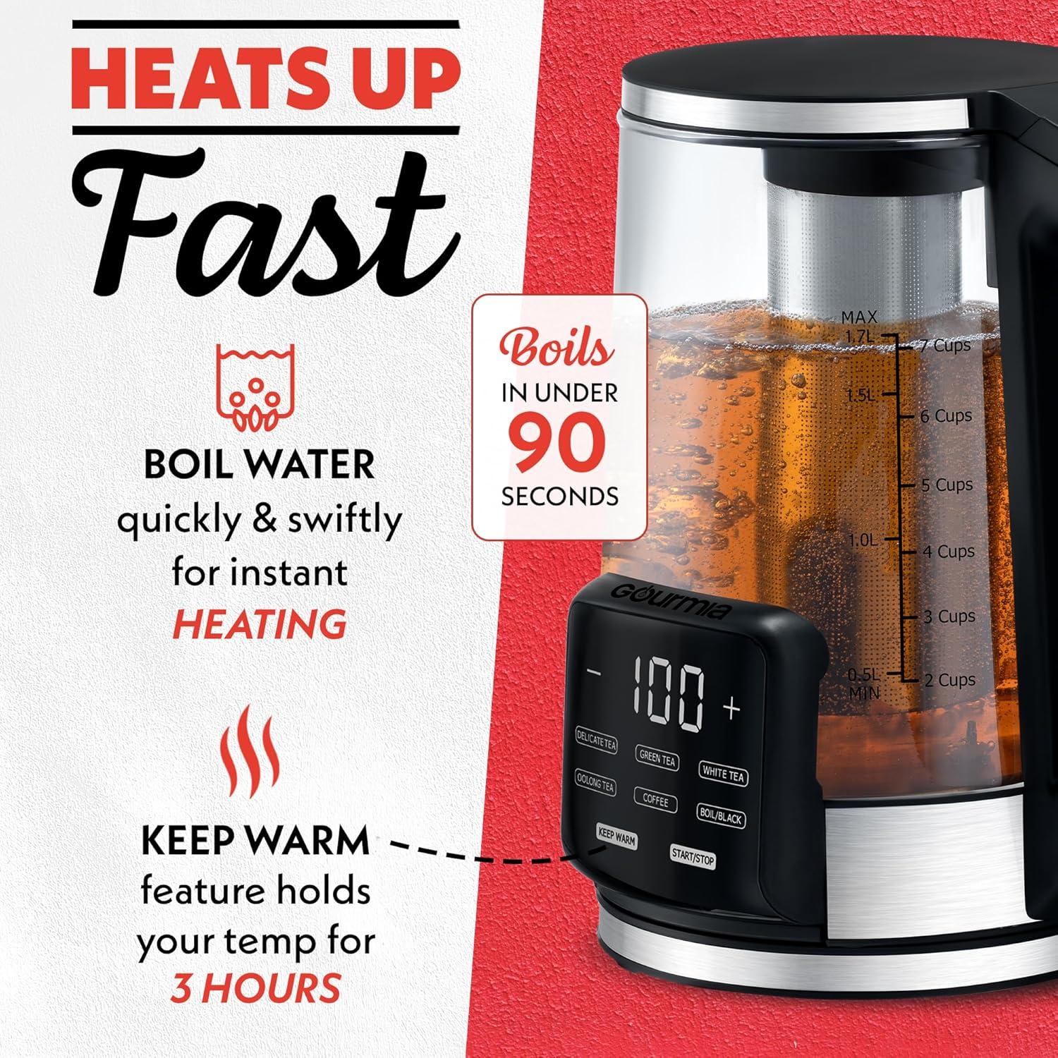 image:imageGourmia Electric Programmable Glass Kettle 17L Temperature Control Tea amp Coffee Kettle with Digital Touch Display 6 Presets Keep Warm Removable Stainless Steel Infuser 360 Swivel Base BlackGreen