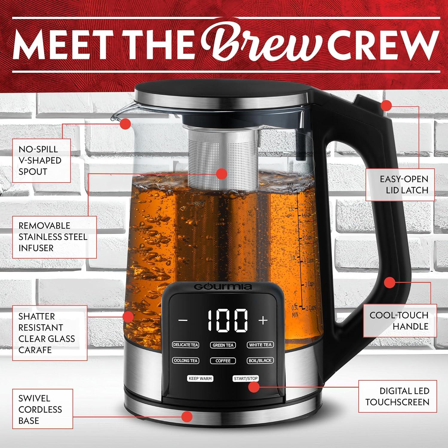 image:imageGourmia Electric Programmable Glass Kettle 17L Temperature Control Tea amp Coffee Kettle with Digital Touch Display 6 Presets Keep Warm Removable Stainless Steel Infuser 360 Swivel Base BlackBlack