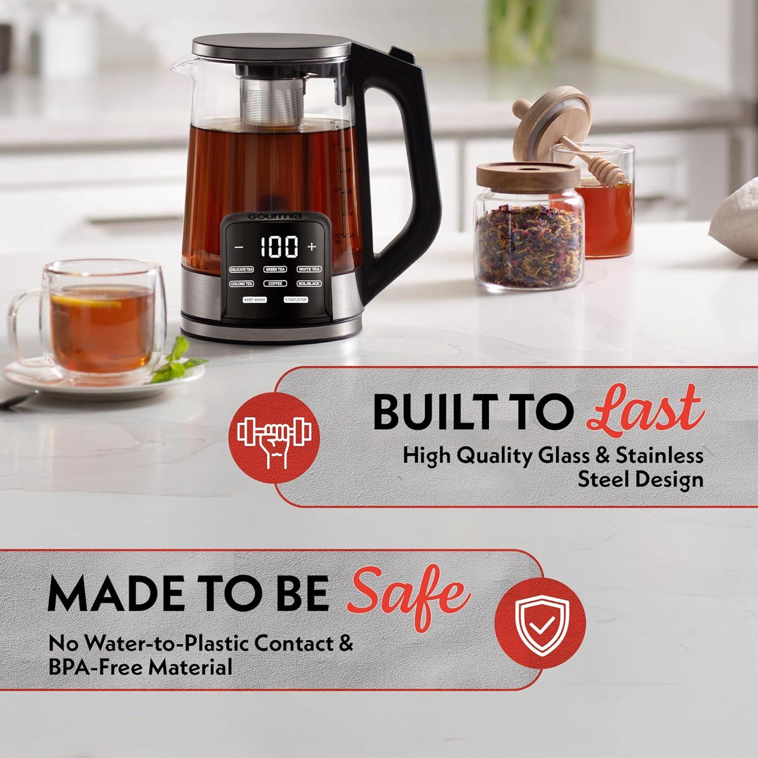image:imageGourmia Electric Programmable Glass Kettle 17L Temperature Control Tea amp Coffee Kettle with Digital Touch Display 6 Presets Keep Warm Removable Stainless Steel Infuser 360 Swivel Base BlackRed