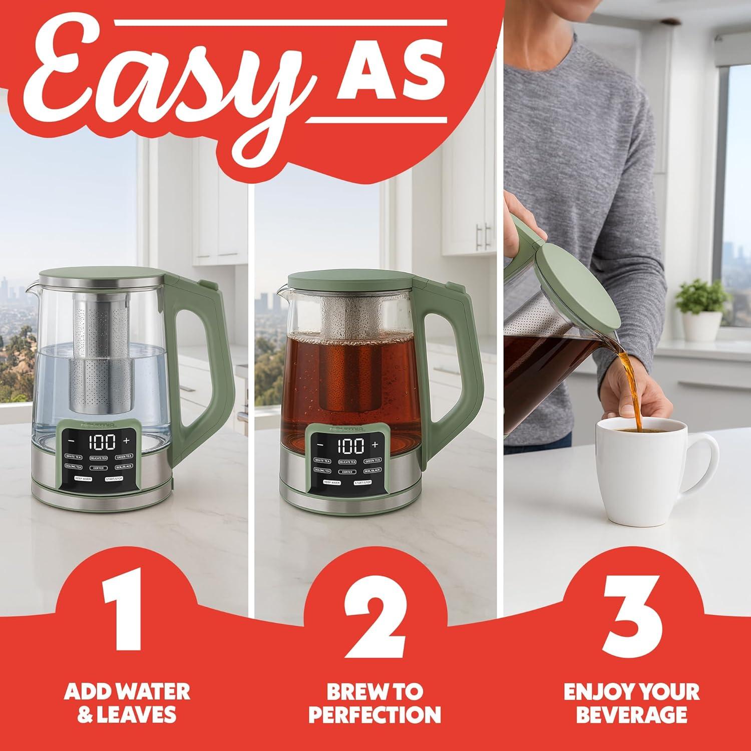 image:imageGourmia Electric Programmable Glass Kettle 17L Temperature Control Tea amp Coffee Kettle with Digital Touch Display 6 Presets Keep Warm Removable Stainless Steel Infuser 360 Swivel Base BlackGreen