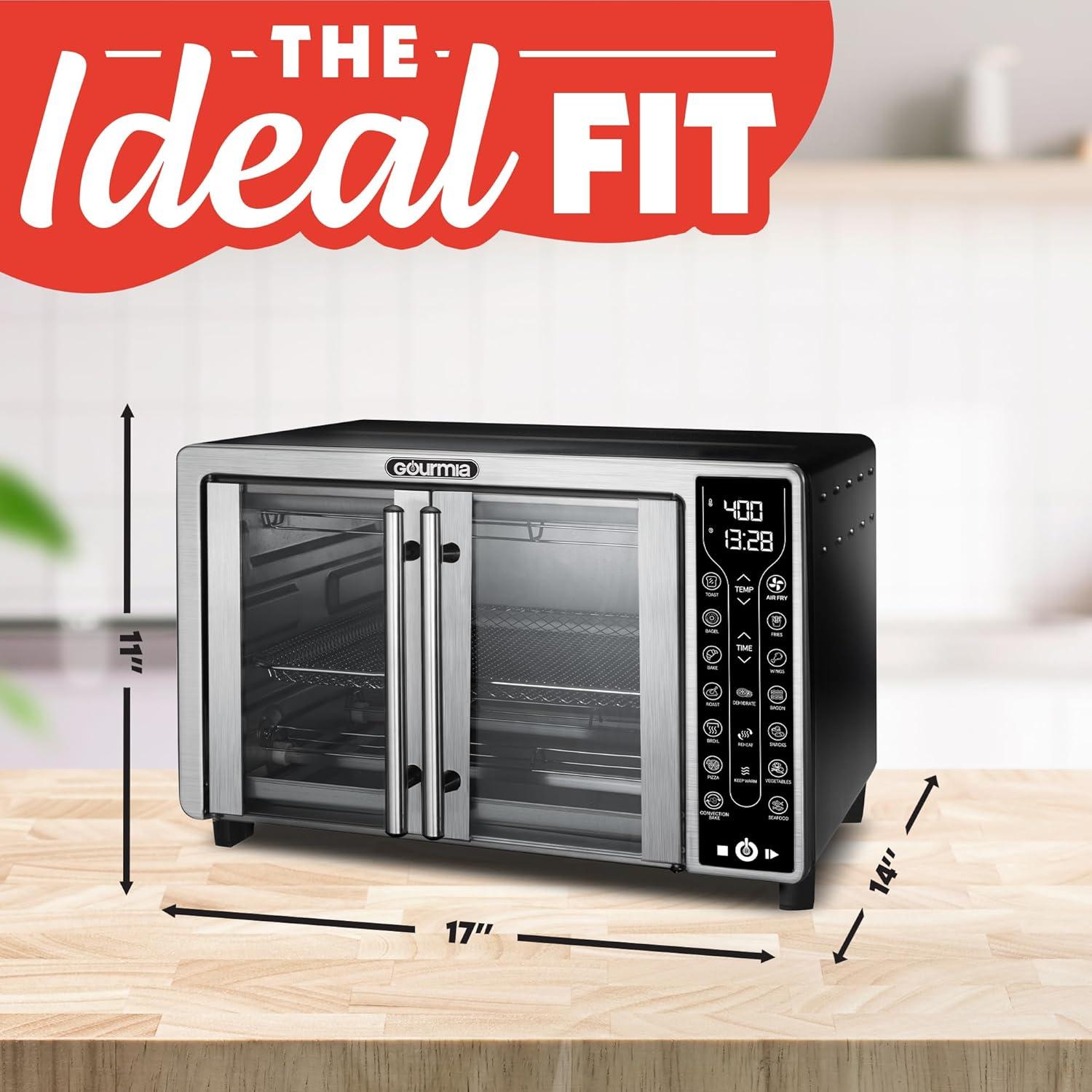 image:imageGourmia Toaster Oven Air Fryer Combo 17 cooking presets 1700W french door digital air fryer oven 24L capacity accessories convection rack baking pan tray recipe book GTF7460LargeBlackStainless Steel