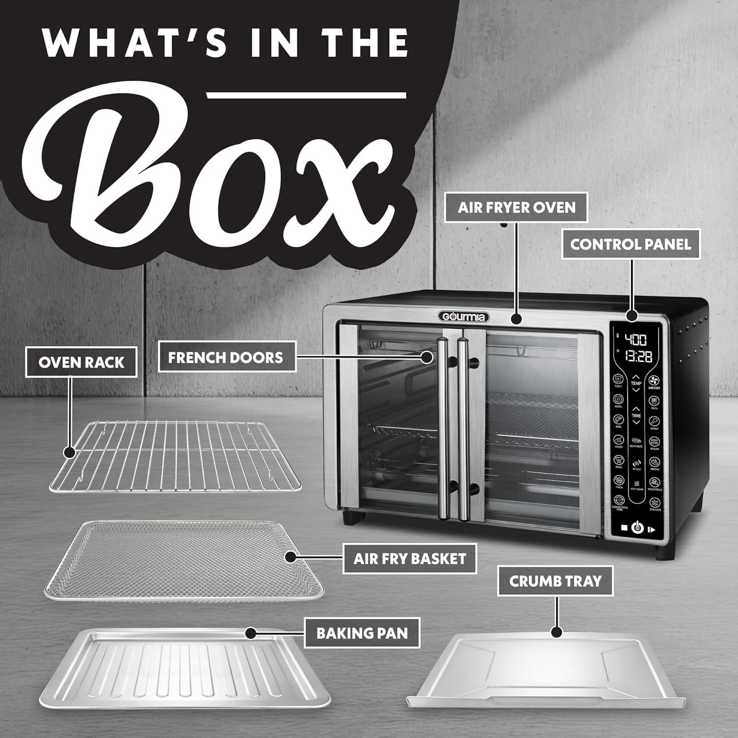 image:imageGourmia Toaster Oven Air Fryer Combo 17 cooking presets 1700W french door digital air fryer oven 24L capacity accessories convection rack baking pan tray recipe book GTF7460LargeBlackStainless Steel