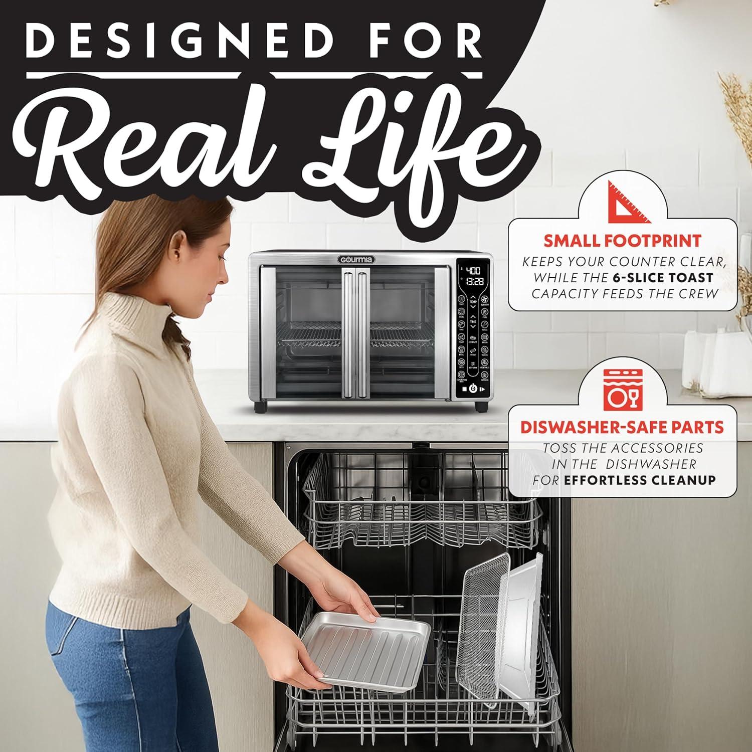image:imageGourmia Toaster Oven Air Fryer Combo 17 cooking presets 1700W french door digital air fryer oven 24L capacity accessories convection rack baking pan tray recipe book GTF7460LargeBlackStainless Steel