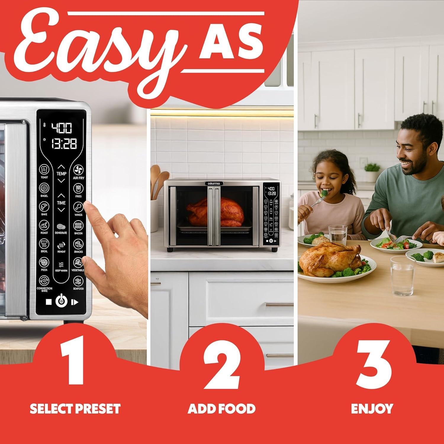 image:imageGourmia Toaster Oven Air Fryer Combo 17 cooking presets 1700W french door digital air fryer oven 24L capacity accessories convection rack baking pan tray recipe book GTF7460LargeBlackStainless Steel