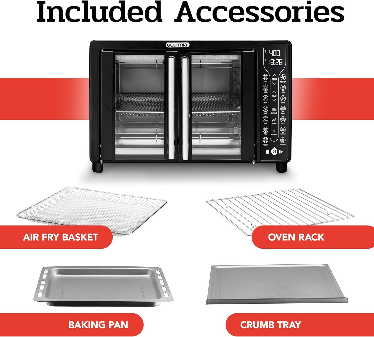 image:imageGourmia Toaster Oven Air Fryer Combo 17 cooking presets 1700W french door digital air fryer oven 24L capacity accessories convection rack baking pan tray recipe book GTF7460LargeBlackBlack