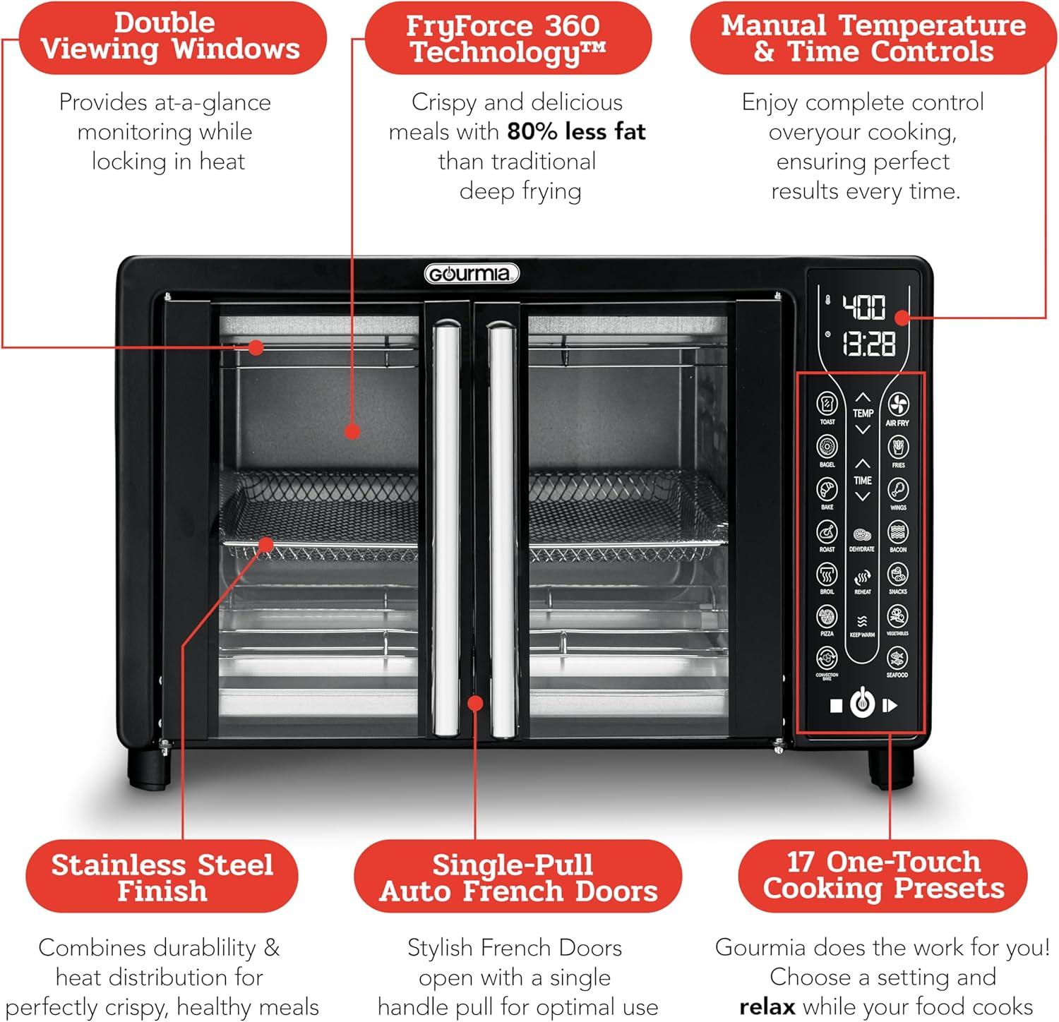 image:imageGourmia Toaster Oven Air Fryer Combo 17 cooking presets 1700W french door digital air fryer oven 24L capacity accessories convection rack baking pan tray recipe book GTF7460LargeBlackBlack