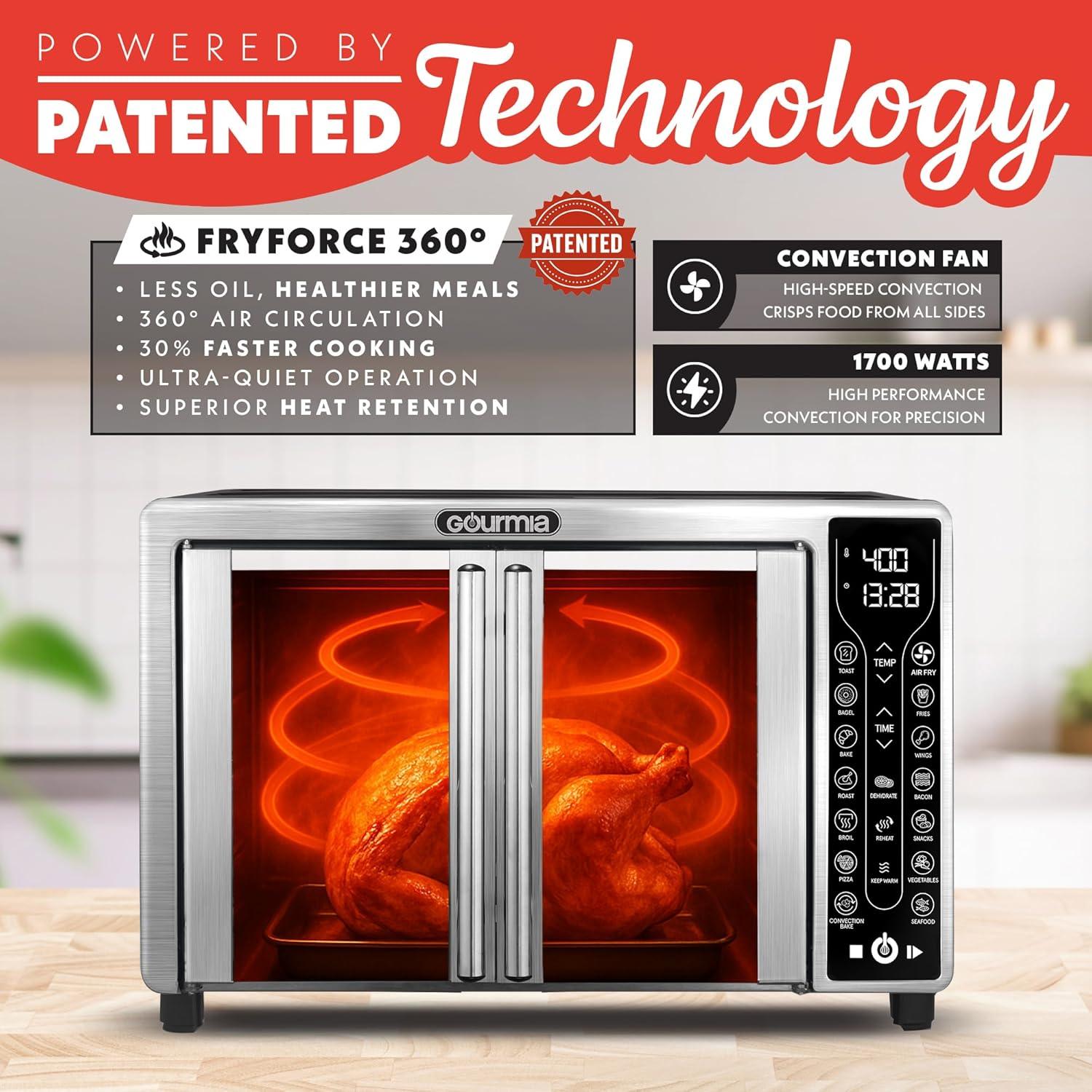 image:imageGourmia Toaster Oven Air Fryer Combo 17 cooking presets 1700W french door digital air fryer oven 24L capacity accessories convection rack baking pan tray recipe book GTF7460LargeBlackStainless Steel