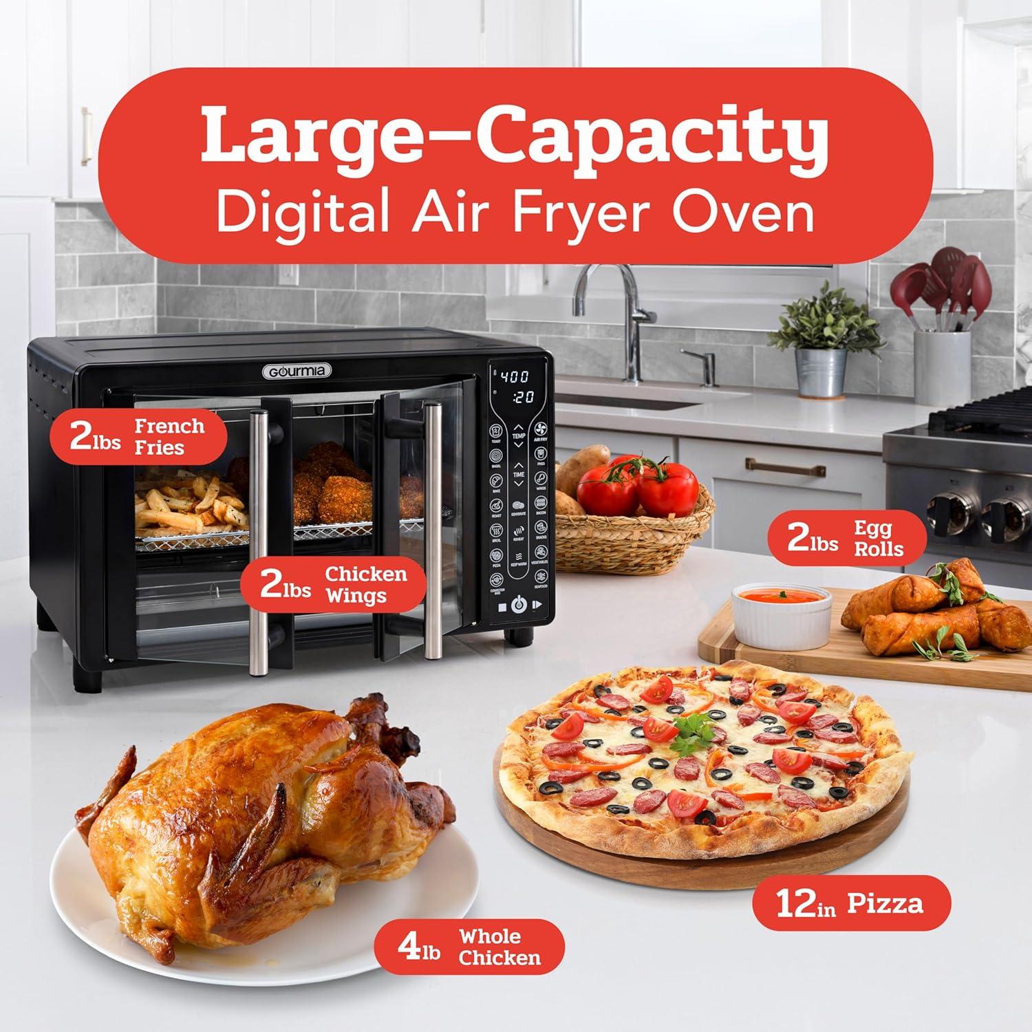 image:imageGourmia Toaster Oven Air Fryer Combo 17 cooking presets 1700W french door digital air fryer oven 24L capacity accessories convection rack baking pan tray recipe book GTF7460LargeBlackBlack