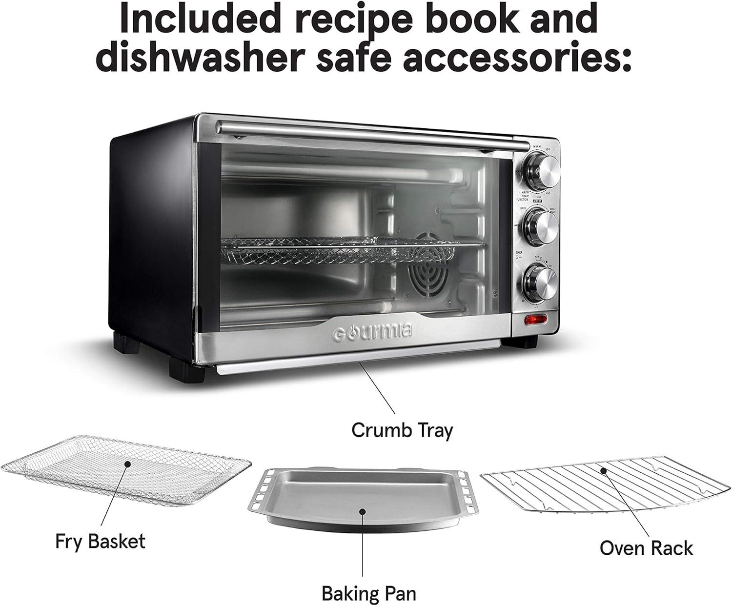 image:imageGourmia Toaster Oven Air Fryer Combo 17 cooking presets 1700W french door digital air fryer oven 24L capacity accessories convection rack baking pan tray recipe book GTF7460LargeBlackSilver