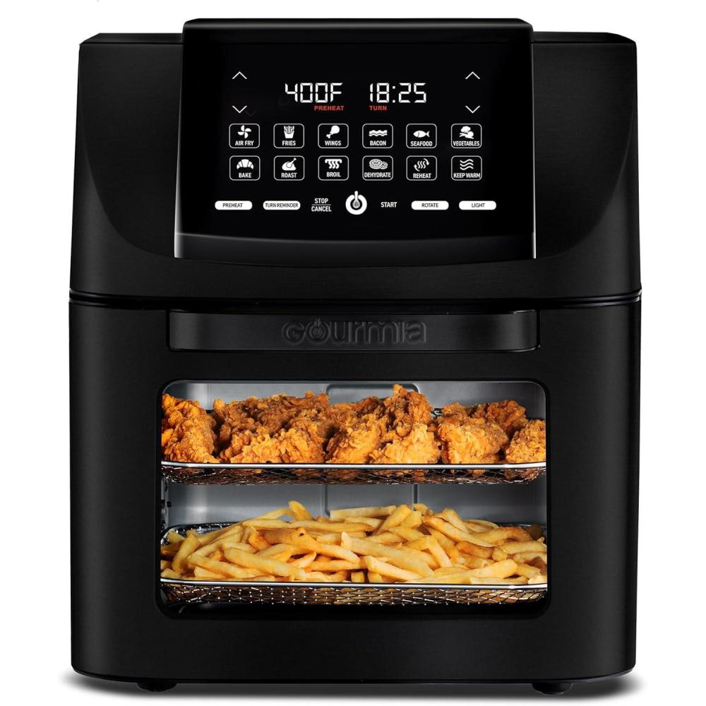 image:imageGourmia Air Fryer 14 Qt AllinOne Oven with Rotisserie Digital Display with 12 Presets Roast Bake Broil Dehydrate Dishwasher Safe Accessories Black