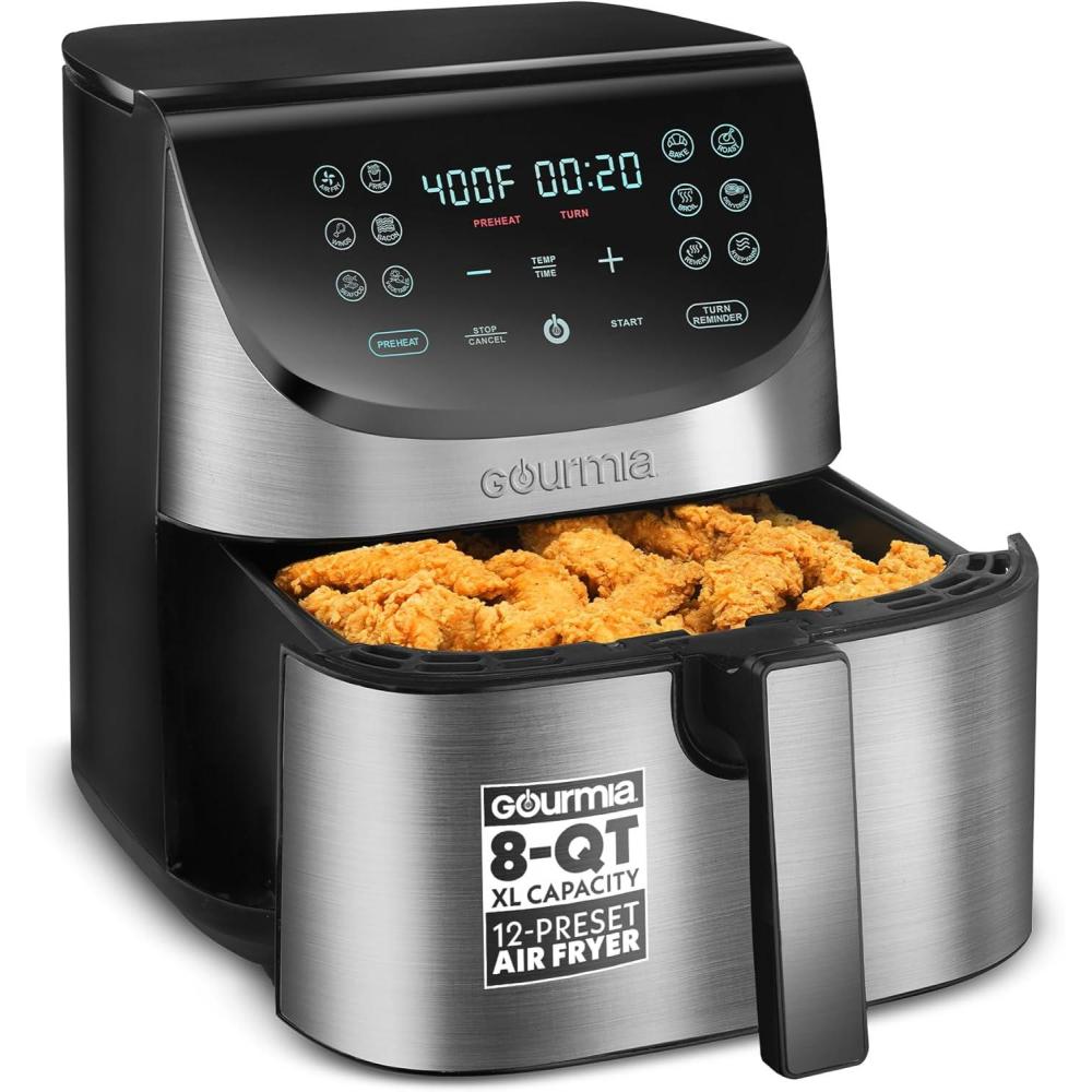 image:imageGourmia Air Fryer 8 Qt Extra Large Capacity FryForce360 Digital Display with 12 Presets Roast Bake Broil Dehydrate Dishwasher Safe Accessories Stainless Steel