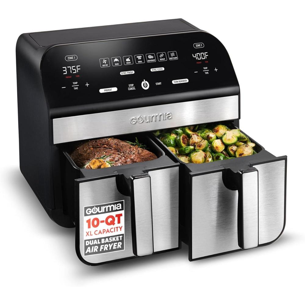 image:imageGourmia Dual Basket Air Fryer 10 Qt Large Capacity FryForce360 Digital Display with 7 Presets Roast Bake Broil Dehydrate Match Cook Sync Finish Dishwasher Safe Accessories Black