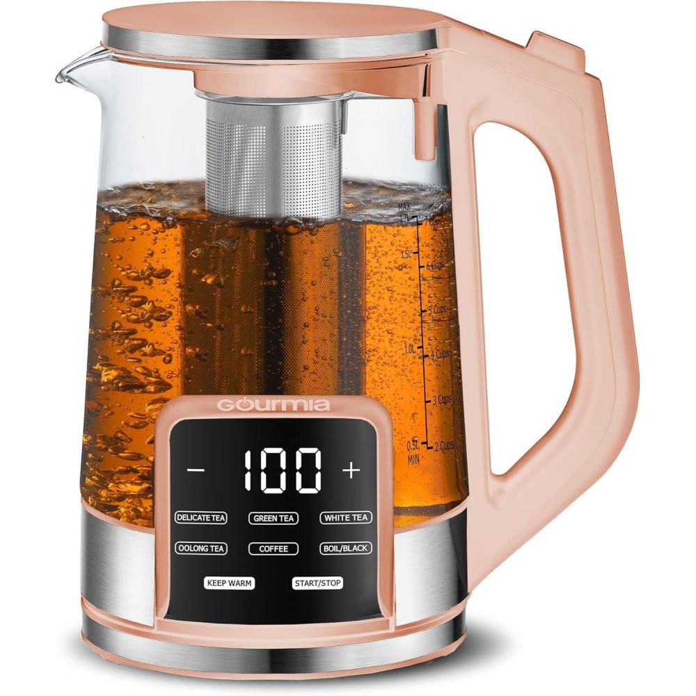 image:imageGourmia Electric Programmable Glass Kettle 17L Temperature Control Tea amp Coffee Kettle with Digital Touch Display 6 Presets Keep Warm Removable Stainless Steel Infuser 360 Swivel Base BlackPeach
