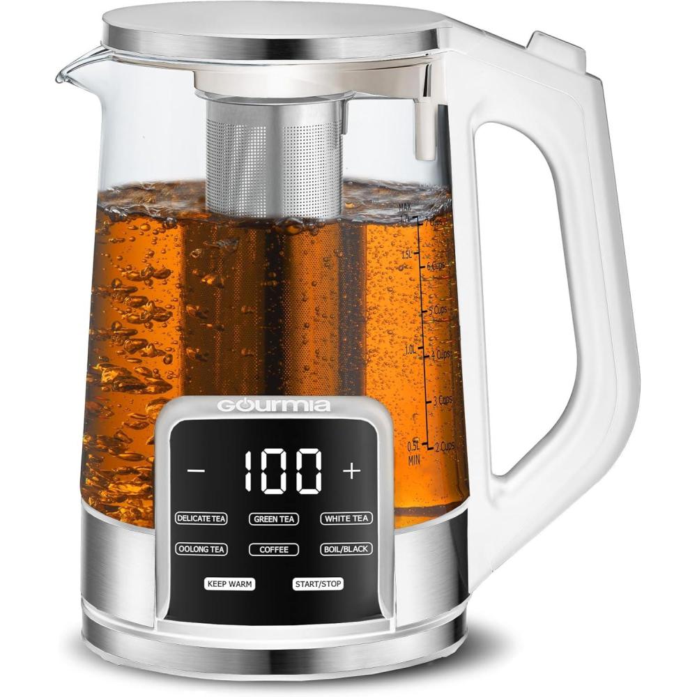 image:imageGourmia Electric Programmable Glass Kettle 17L Temperature Control Tea amp Coffee Kettle with Digital Touch Display 6 Presets Keep Warm Removable Stainless Steel Infuser 360 Swivel Base BlackWhite