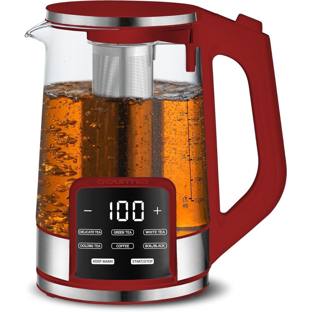 image:imageGourmia Electric Programmable Glass Kettle 17L Temperature Control Tea amp Coffee Kettle with Digital Touch Display 6 Presets Keep Warm Removable Stainless Steel Infuser 360 Swivel Base BlackRed