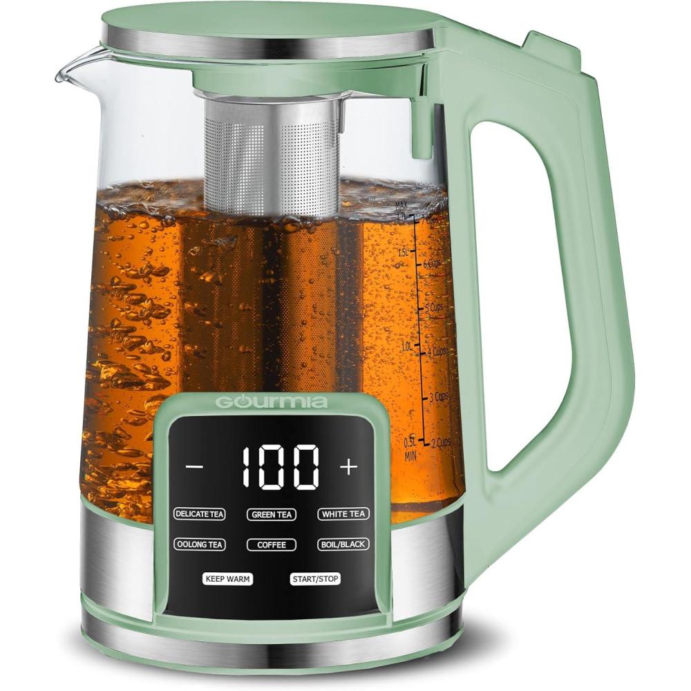 image:imageGourmia Electric Programmable Glass Kettle 17L Temperature Control Tea amp Coffee Kettle with Digital Touch Display 6 Presets Keep Warm Removable Stainless Steel Infuser 360 Swivel Base BlackGreen