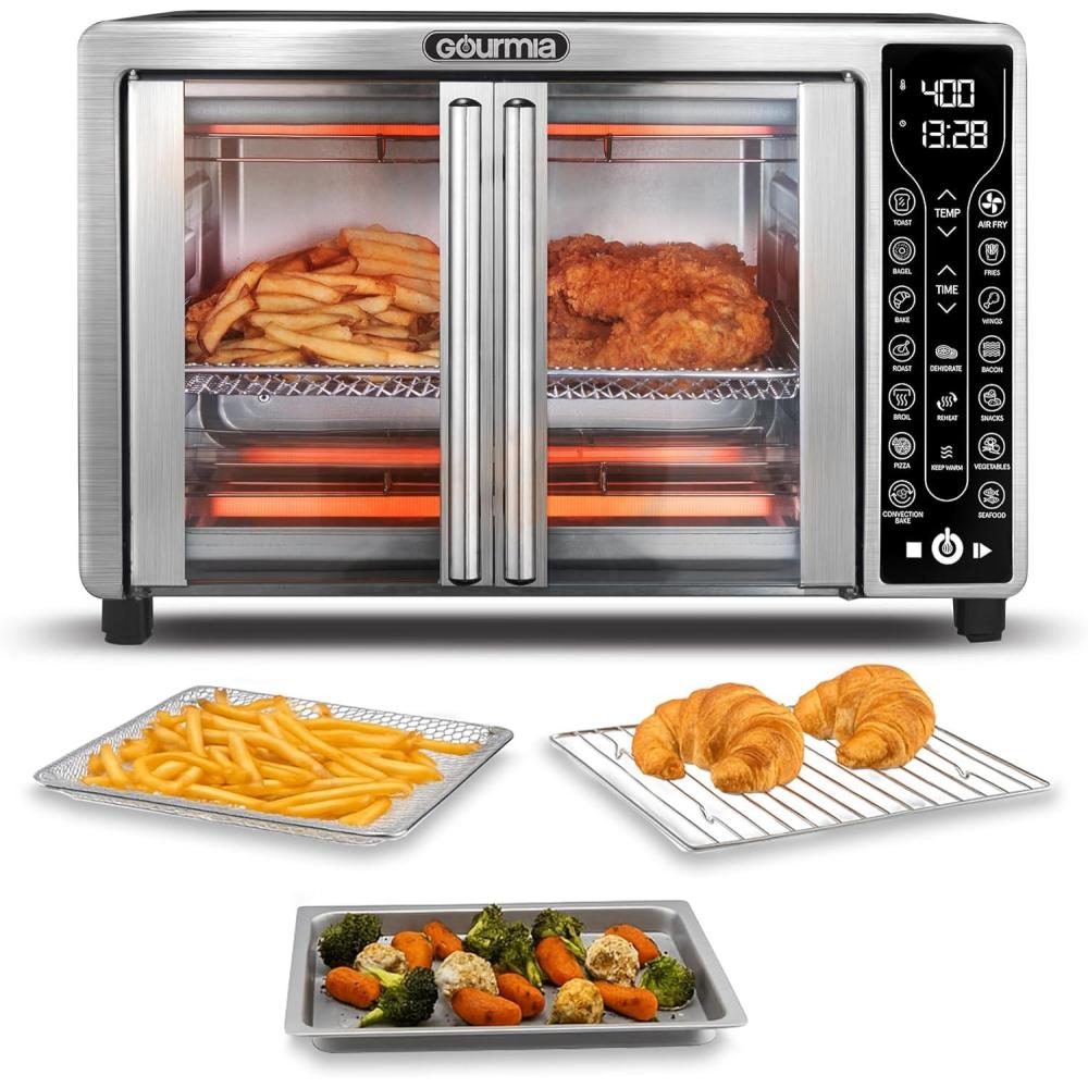 image:imageGourmia Toaster Oven Air Fryer Combo 17 cooking presets 1700W french door digital air fryer oven 24L capacity accessories convection rack baking pan tray recipe book GTF7460LargeBlackStainless Steel