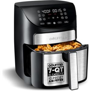 Gourmia Air Fryer – 7 Qt Large Capacity, FryForce360º, Digital Display with 10 Presets, Roast, Bake, Broil, Dehydrate, Dishwasher Safe Accessories, Black(Black/Stianless Steel)