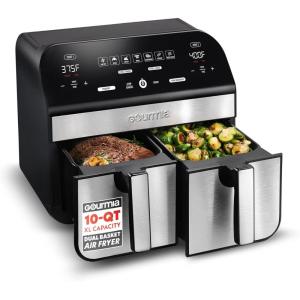 Gourmia Dual Basket Air Fryer – 10 Qt Large Capacity, FryForce360º, Digital Display with 7 Presets, Roast, Bake, Broil, Dehydrate, Match Cook, Sync Finish, Dishwasher Safe Accessories, Black