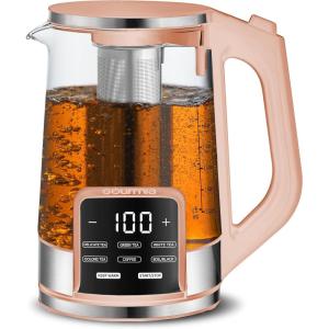 Gourmia Electric Programmable Glass Kettle – 1.7L Temperature Control Tea & Coffee Kettle with Digital Touch Display, 6 Presets, Keep Warm, Removable Stainless Steel Infuser, 360° Swivel Base – Black(Peach)