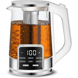 Gourmia Electric Programmable Glass Kettle – 1.7L Temperature Control Tea & Coffee Kettle with Digital Touch Display, 6 Presets, Keep Warm, Removable Stainless Steel Infuser, 360° Swivel Base – Black(White)