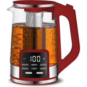 Gourmia Electric Programmable Glass Kettle – 1.7L Temperature Control Tea & Coffee Kettle with Digital Touch Display, 6 Presets, Keep Warm, Removable Stainless Steel Infuser, 360° Swivel Base – Black(Red)