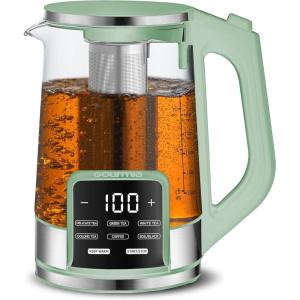 Gourmia Electric Programmable Glass Kettle – 1.7L Temperature Control Tea & Coffee Kettle with Digital Touch Display, 6 Presets, Keep Warm, Removable Stainless Steel Infuser, 360° Swivel Base – Black(Green)