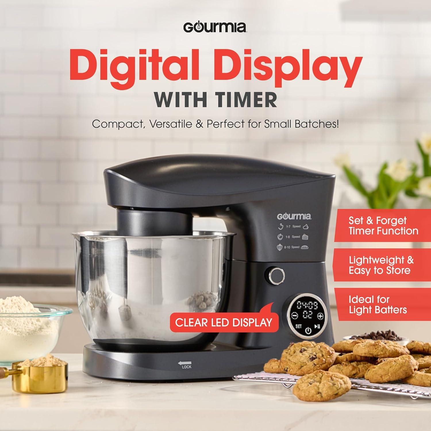image:imageGourmia 5 Quart Digital Electric Stand Mixer with Attachments Bowl Shield Dough Hook Whisk and Beater LED Display Timer 10 Speed Kitchen Countertop Dough Maker Machine for Bread Cake Cookies