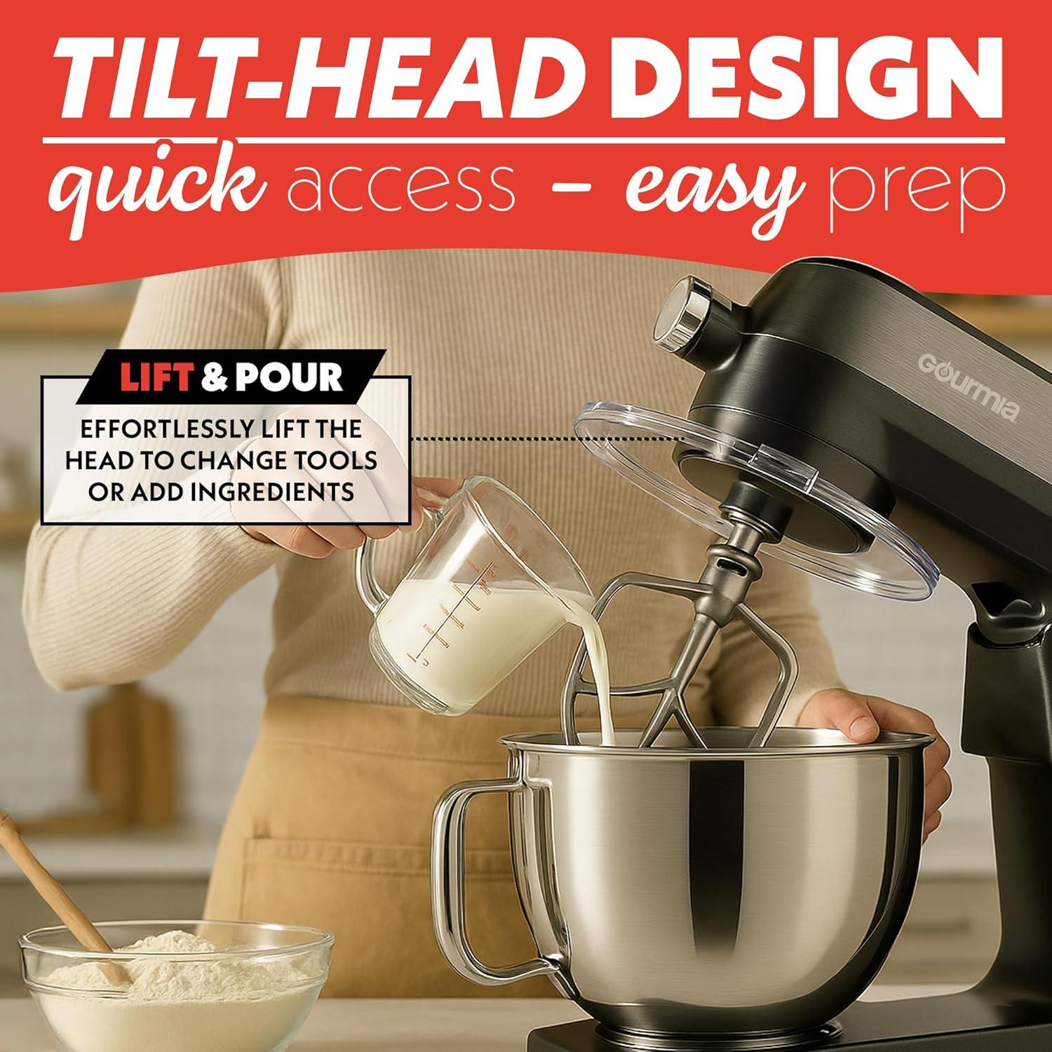 image:imageGourmia Digital Stand Mixer 7 QT TiltHead Kitchen Mixer with LED Timer 10 Speeds Stainless Steel Bowl Attachments Included 800W Silver