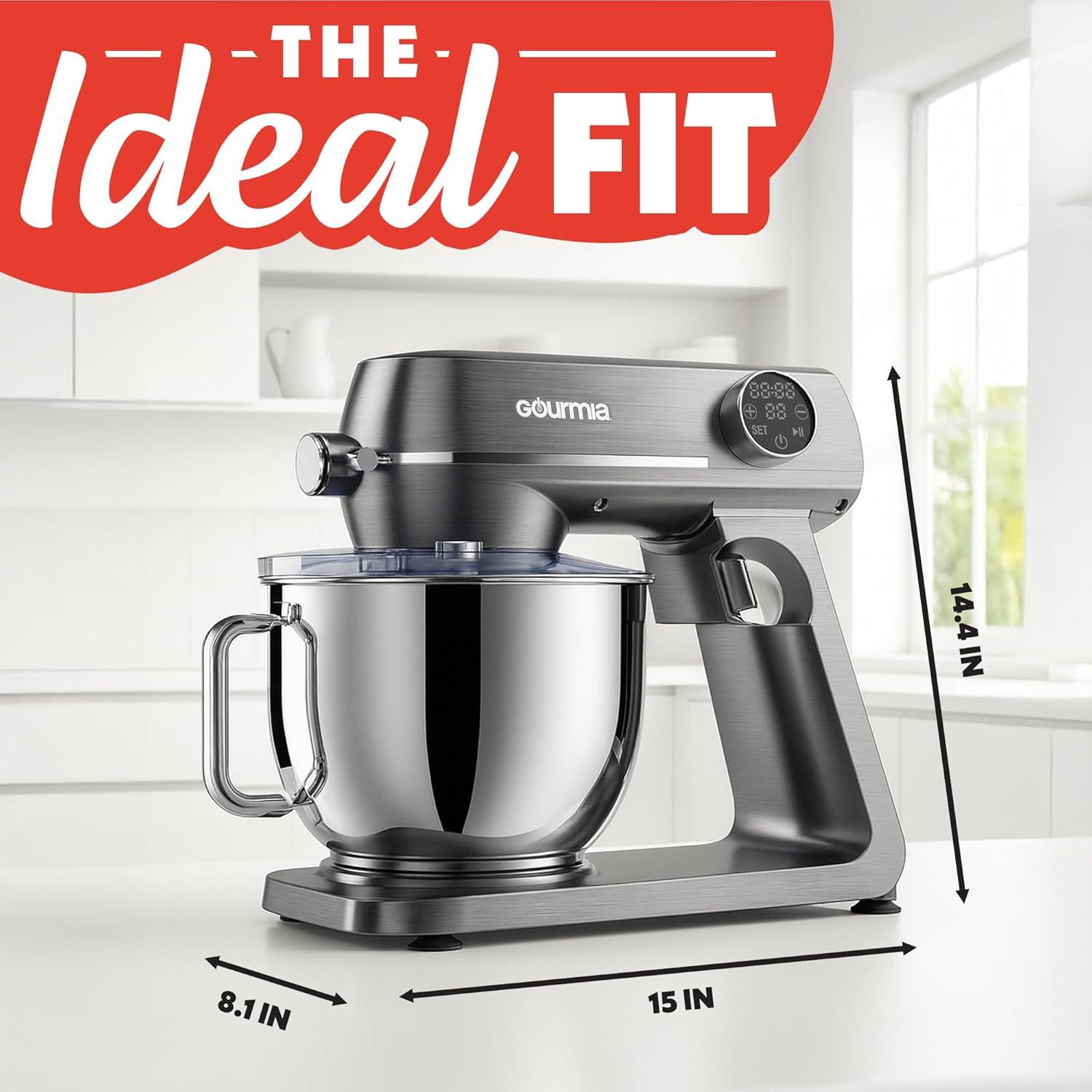image:imageGourmia Digital Stand Mixer 7 QT TiltHead Kitchen Mixer with LED Timer 10 Speeds Stainless Steel Bowl Attachments Included 800W Silver