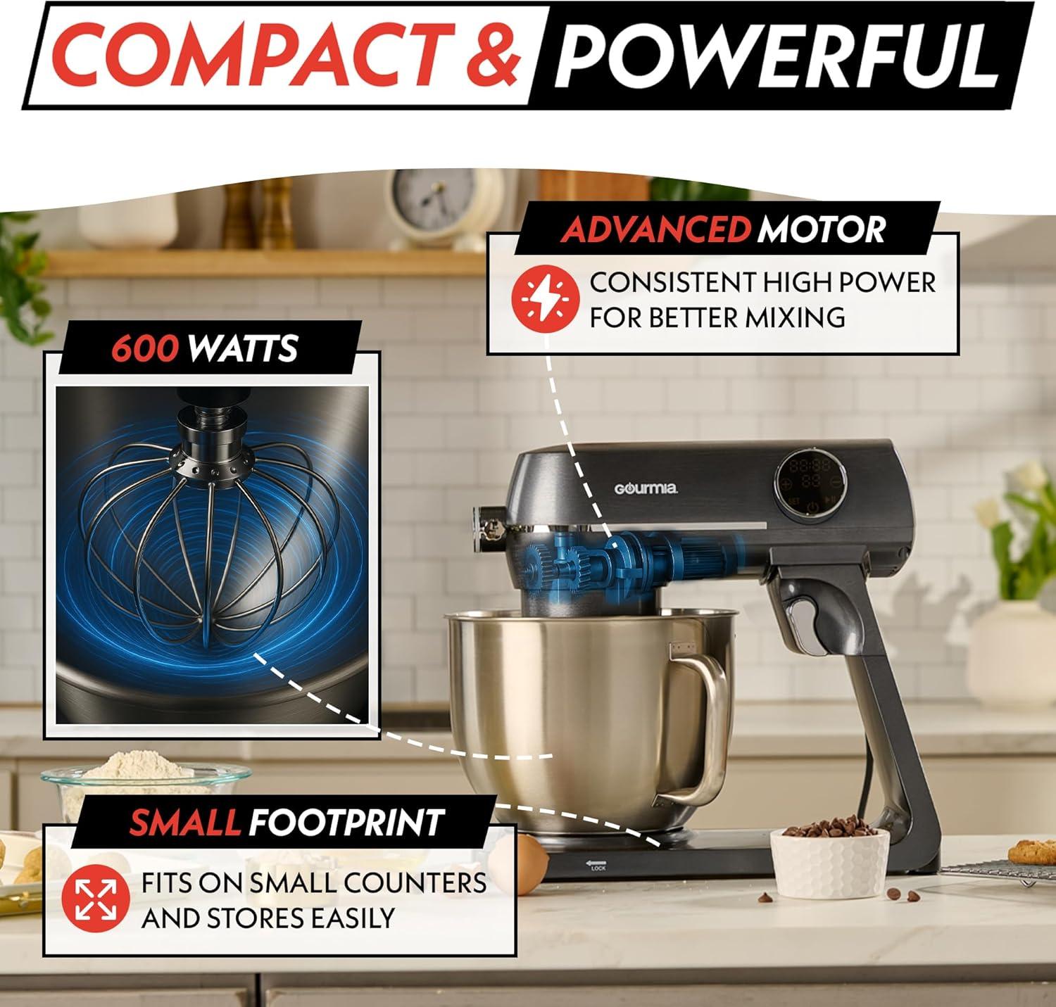 image:imageGourmia Digital Stand Mixer 7 QT TiltHead Kitchen Mixer with LED Timer 10 Speeds Stainless Steel Bowl Attachments Included 800W Silver