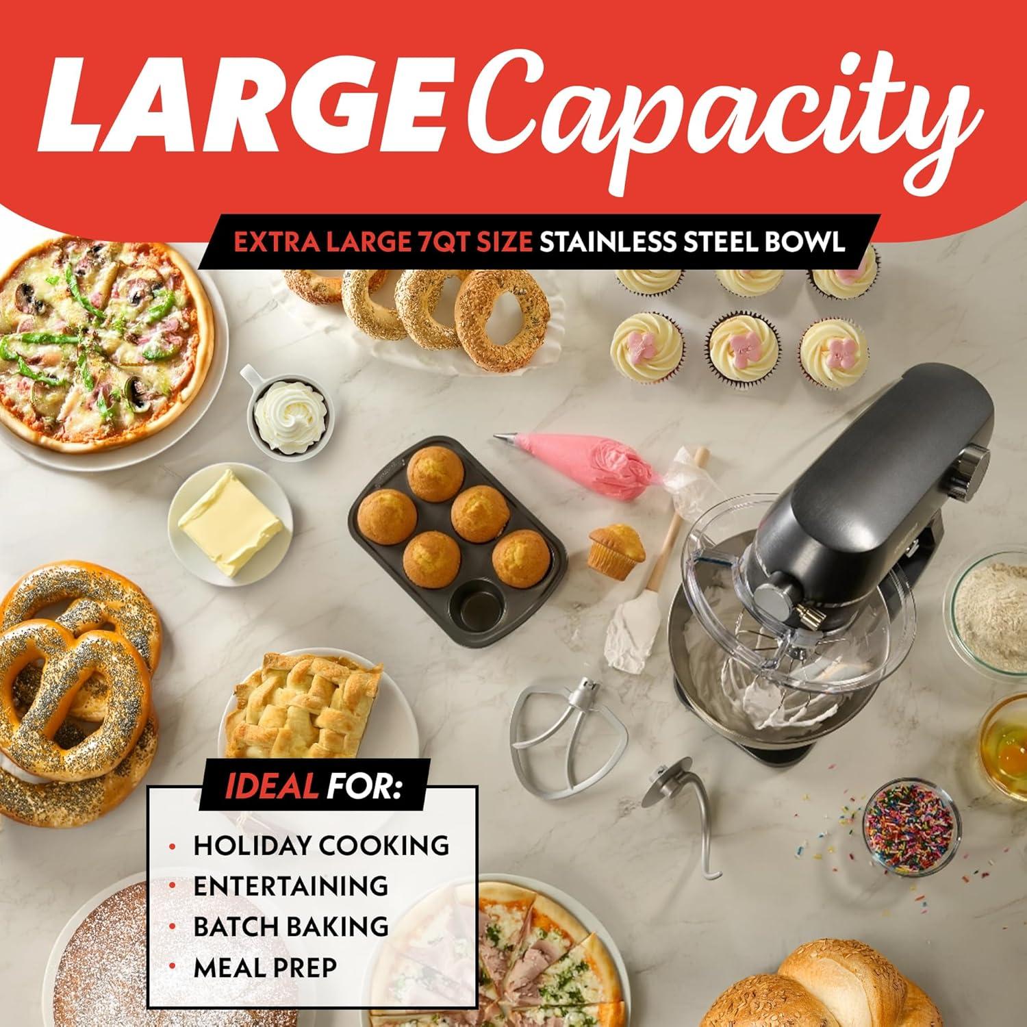 image:imageGourmia Digital Stand Mixer 7 QT TiltHead Kitchen Mixer with LED Timer 10 Speeds Stainless Steel Bowl Attachments Included 800W Silver