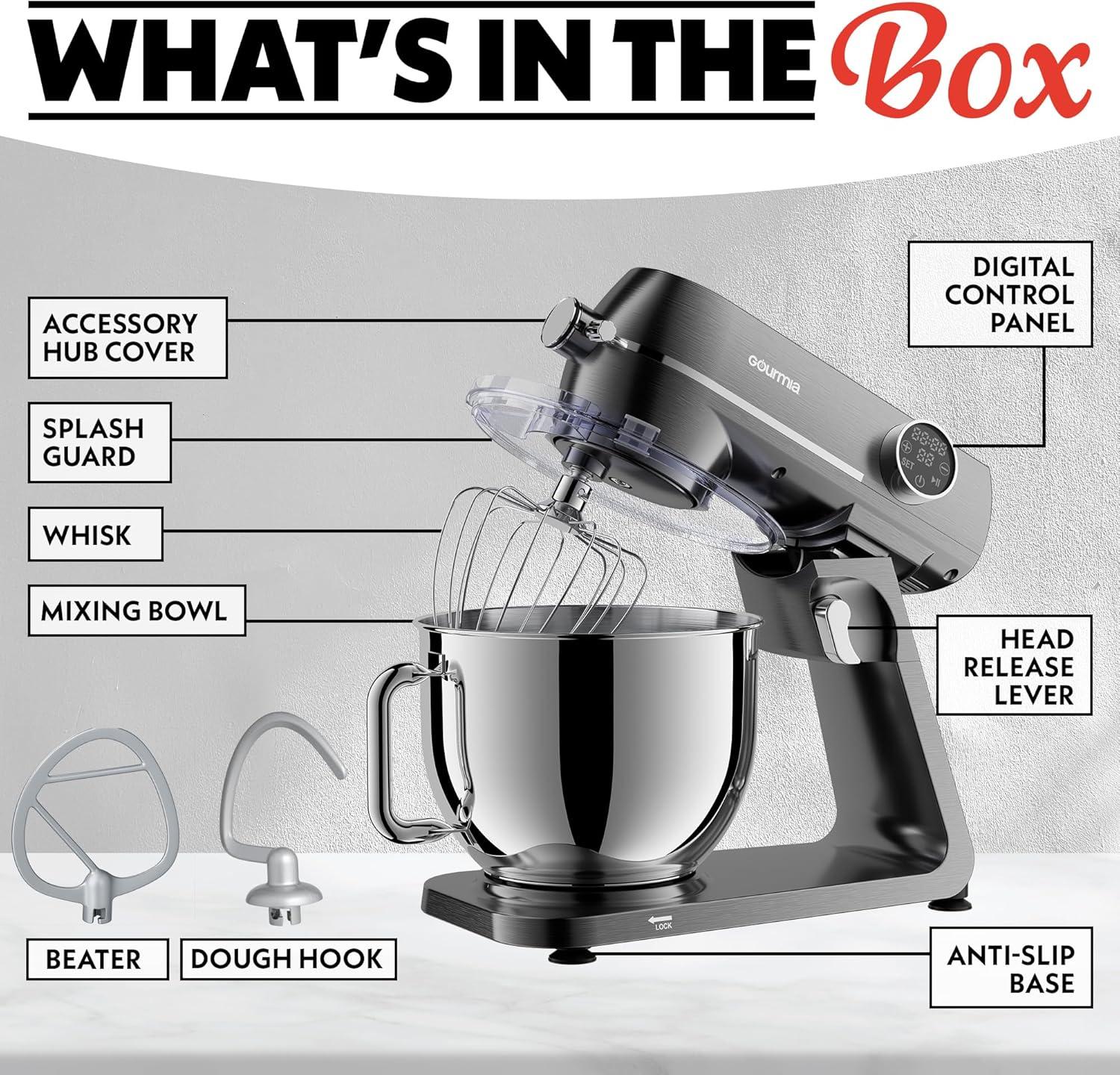 image:imageGourmia Digital Stand Mixer 7 QT TiltHead Kitchen Mixer with LED Timer 10 Speeds Stainless Steel Bowl Attachments Included 800W Silver
