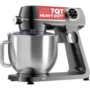 Gourmia Digital Stand Mixer – 7 QT Tilt-Head Kitchen Mixer with LED Timer, 10 Speeds, Stainless Steel Bowl, Attachments Included, 800W, Silver