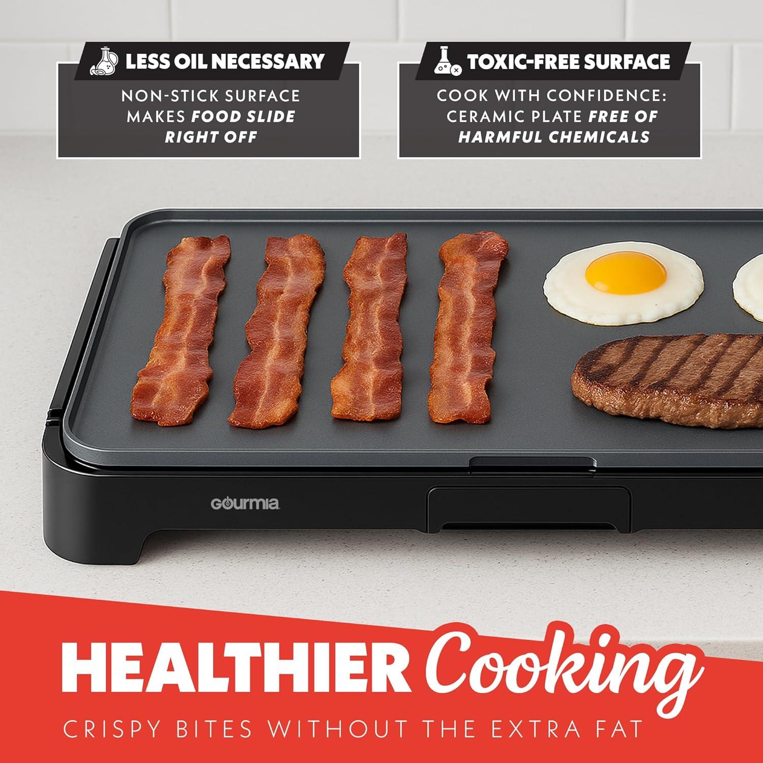 image:imageGourmia 22 Inch XL Electric Griddle Pan Nonstick Extra Large Flat Top Ceramic Surface Countertop Cooker Adjustable 200F400F PullOut Drip Tray Compact HandleFree Design