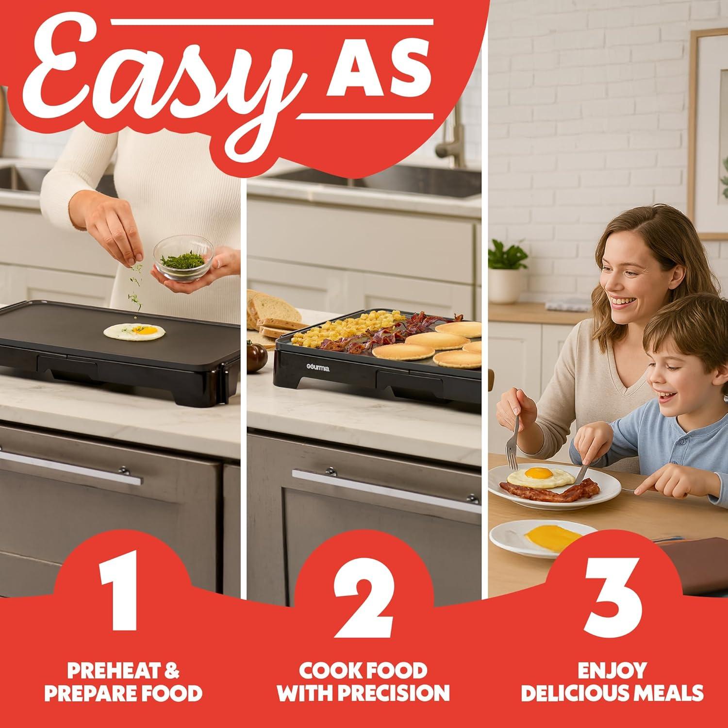 image:imageGourmia 22 Inch XL Electric Griddle Pan Nonstick Extra Large Flat Top Ceramic Surface Countertop Cooker Adjustable 200F400F PullOut Drip Tray Compact HandleFree Design