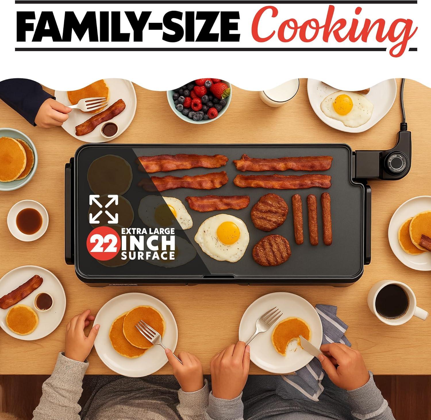 image:imageGourmia 22 Inch XL Electric Griddle Pan Nonstick Extra Large Flat Top Ceramic Surface Countertop Cooker Adjustable 200F400F PullOut Drip Tray Compact HandleFree Design