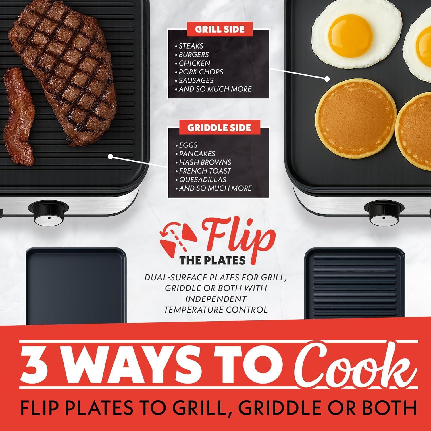 image:imageGourmia 3in1 Indoor Grill amp Griddle Electric Combo Dual Independent Cooking Zones Reversible Nonstick Ceramic Plates XL Cooking Surface 250400F Adjustable Temp Dishwasher Safe