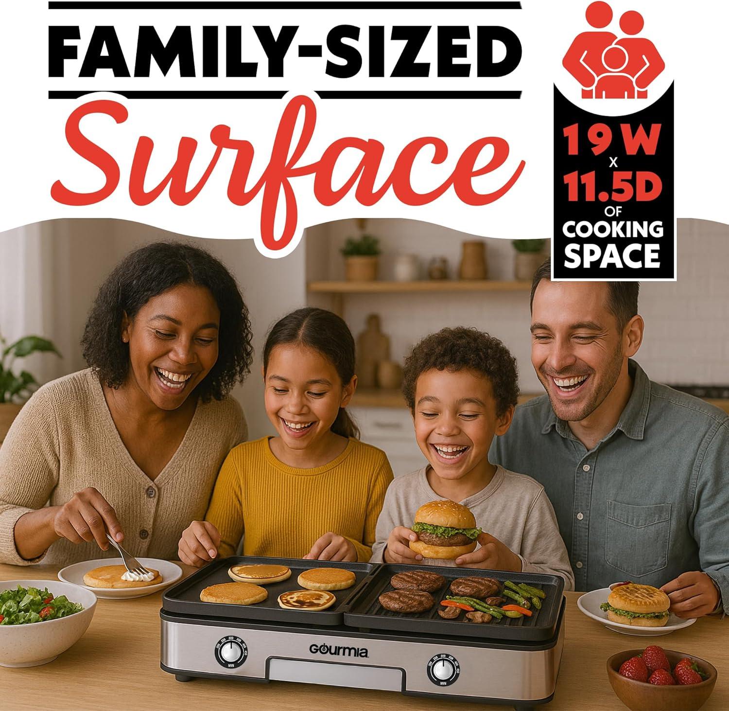 image:imageGourmia 3in1 Indoor Grill amp Griddle Electric Combo Dual Independent Cooking Zones Reversible Nonstick Ceramic Plates XL Cooking Surface 250400F Adjustable Temp Dishwasher Safe