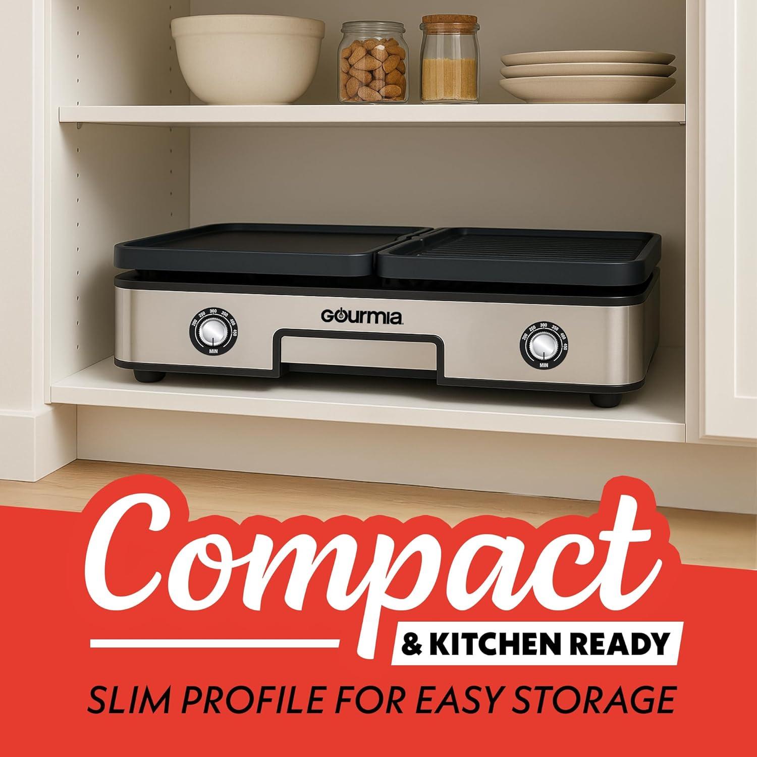 image:imageGourmia 3in1 Indoor Grill amp Griddle Electric Combo Dual Independent Cooking Zones Reversible Nonstick Ceramic Plates XL Cooking Surface 250400F Adjustable Temp Dishwasher Safe