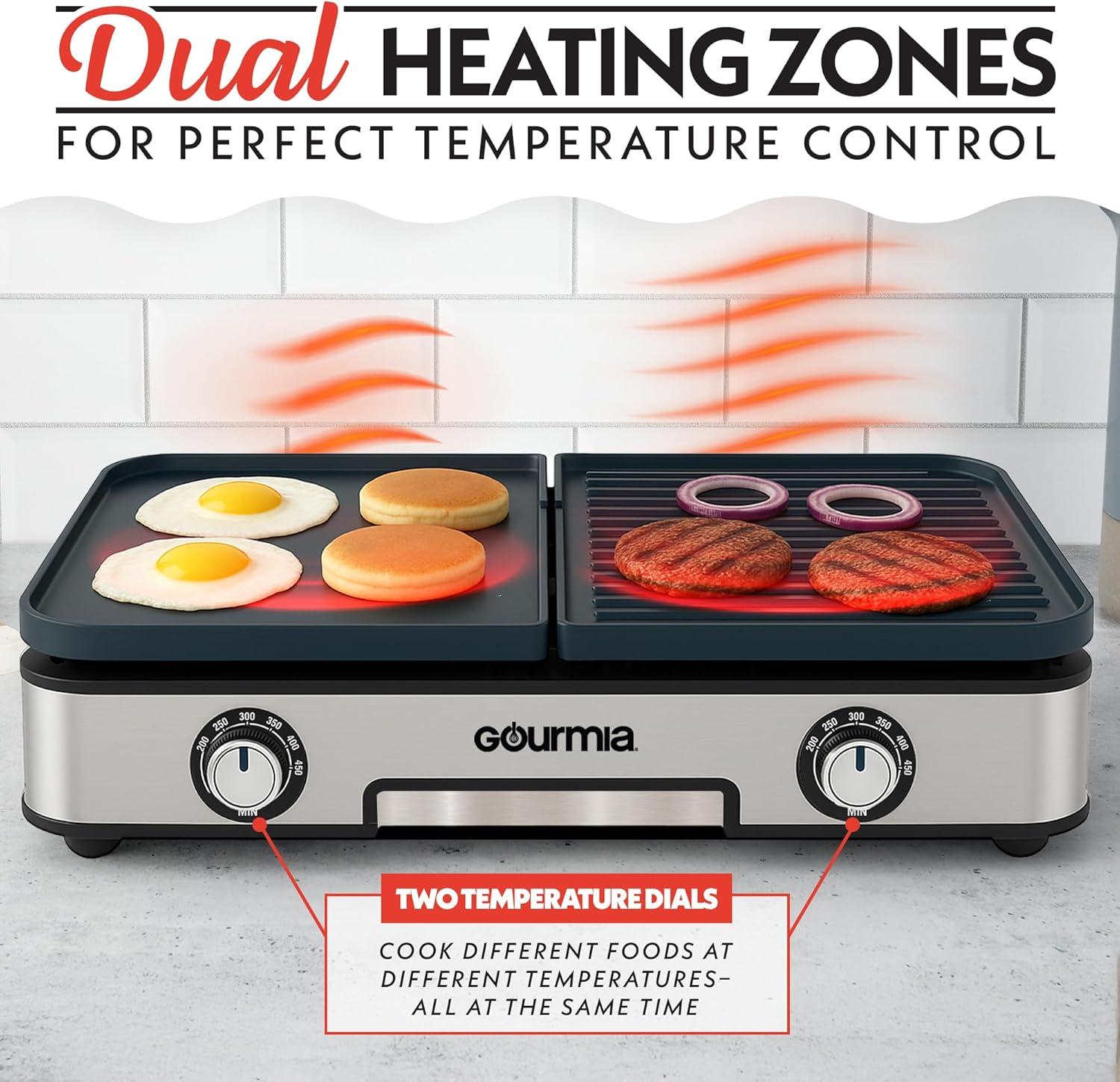image:imageGourmia 3in1 Indoor Grill amp Griddle Electric Combo Dual Independent Cooking Zones Reversible Nonstick Ceramic Plates XL Cooking Surface 250400F Adjustable Temp Dishwasher Safe