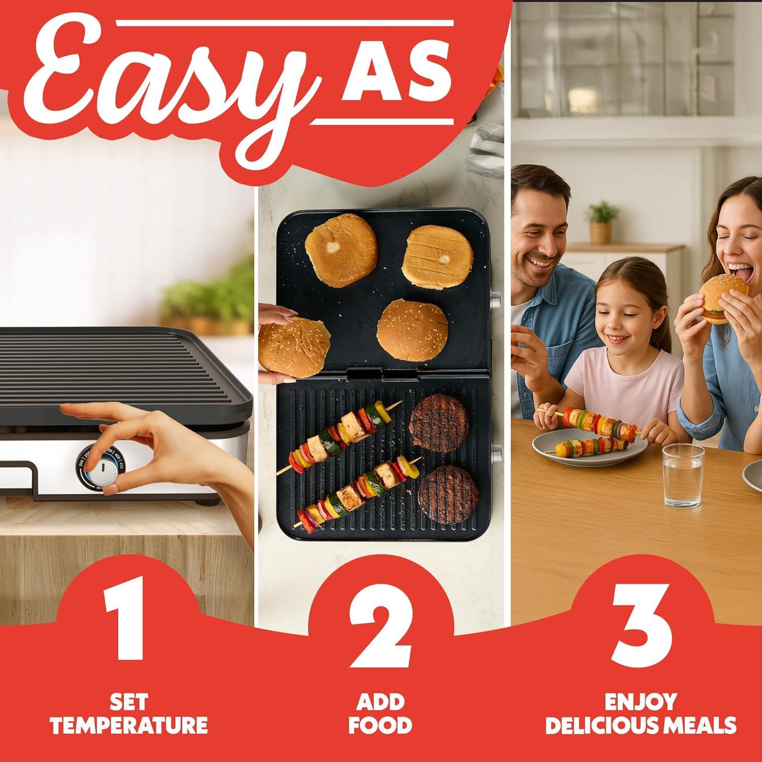 image:imageGourmia 3in1 Indoor Grill amp Griddle Electric Combo Dual Independent Cooking Zones Reversible Nonstick Ceramic Plates XL Cooking Surface 250400F Adjustable Temp Dishwasher Safe