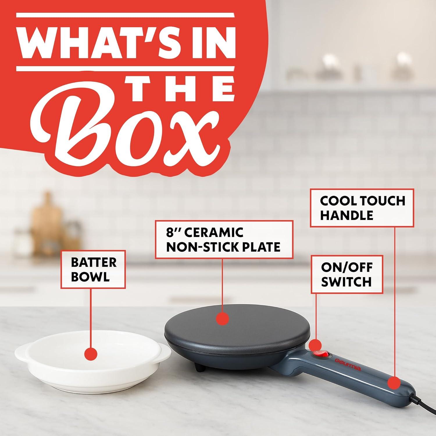 image:imageGourmia 8 Electric Crepe Maker Nonstick Ceramic Surface OneTouch Operation Includes Batter Tray Compact amp Easy to Clean Crepe Pancake amp Tortilla Maker