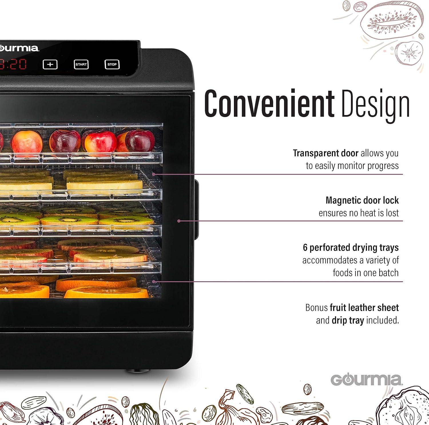 image:imageGourmia 8 Tray Digital Food Dehydrator 360 Airflow 30 Minute24 Hour Timer Glass Door Jerky Fruits Veggies amp More 95F185F 625W Stainless Steel6 Tray
