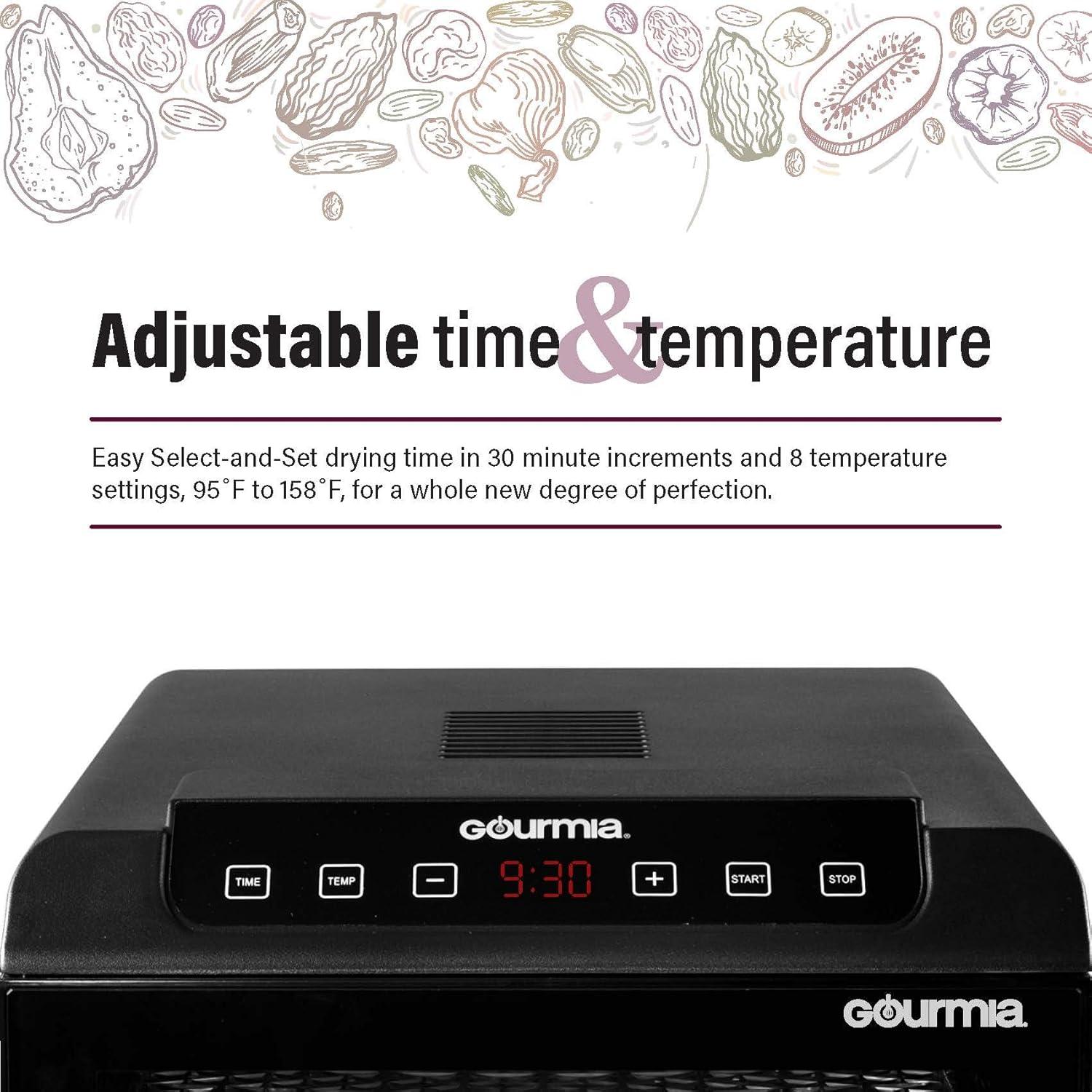 image:imageGourmia 8 Tray Digital Food Dehydrator 360 Airflow 30 Minute24 Hour Timer Glass Door Jerky Fruits Veggies amp More 95F185F 625W Stainless Steel6 Tray